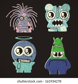 Set of four monsters on retro grunge background