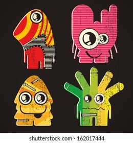 Set of four monsters on retro grunge background