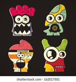 Set of four monsters on retro grunge background