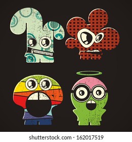 Set of four monsters on retro grunge background