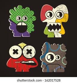 Set of four monsters on retro grunge background