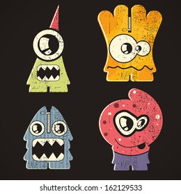 Set of four monsters on retro grunge background