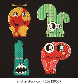Set of four monsters on retro grunge background