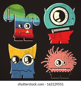 Set of four monsters on retro grunge background