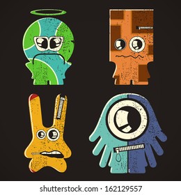 Set of four monsters on retro grunge background
