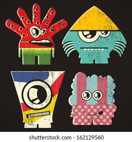 Set of four monsters on retro grunge background