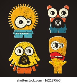 Set of four monsters on retro grunge background