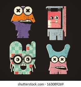 Set of four monsters on retro grunge background