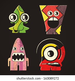 Set of four monsters on retro grunge background