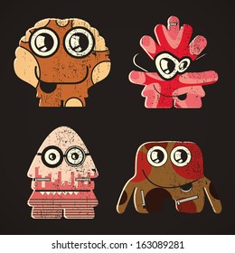 Set of four monsters on retro grunge background
