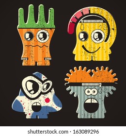 Set of four monsters on retro grunge background