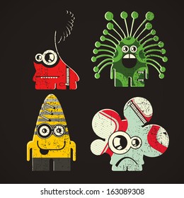 Set of four monsters on retro grunge background