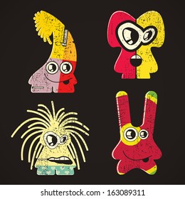 Set of four monsters on retro grunge background
