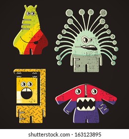 Set of four monsters on retro grunge background