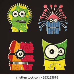 Set of four monsters on retro grunge background