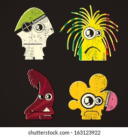 Set of four monsters on retro grunge background