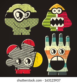 Set of four monsters on retro grunge background