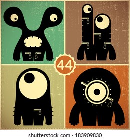 Set of four monsters on retro grunge background