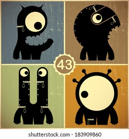 Set of four monsters on retro grunge background