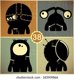 Set of four monsters on retro grunge background