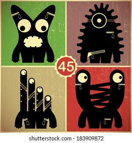 Set of four monsters on retro grunge background