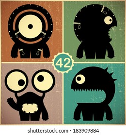 Set of four monsters on retro grunge background