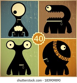 Set of four monsters on retro grunge background