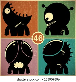 Set of four monsters on retro grunge background