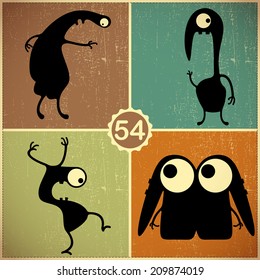 Set of four monsters on retro grunge background