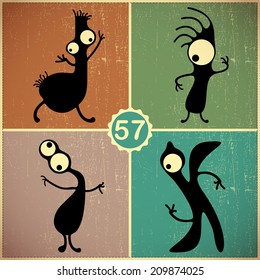 Set of four monsters on retro grunge background
