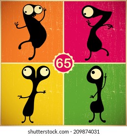 Set of four monsters on retro grunge background