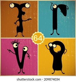 Set of four monsters on retro grunge background