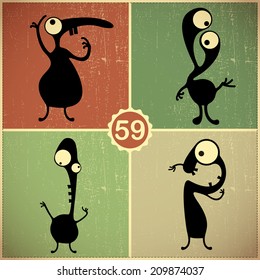 Set of four monsters on retro grunge background