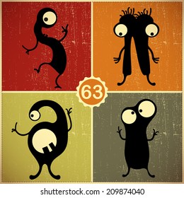 Set of four monsters on retro grunge background