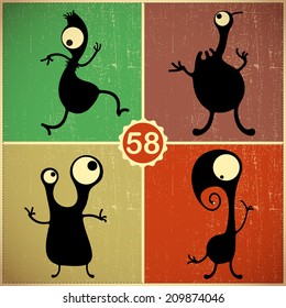 Set of four monsters on retro grunge background
