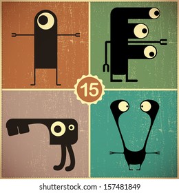 Set of four monsters at retro grunge background