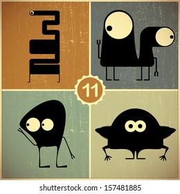 Set of four monsters at retro grunge background