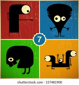 Set of four monsters at retro grunge background