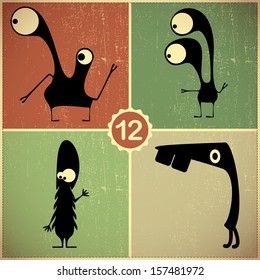 Set of four monsters at retro grunge background