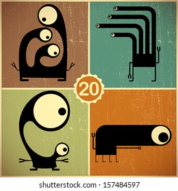 Set of four monsters at retro grunge background