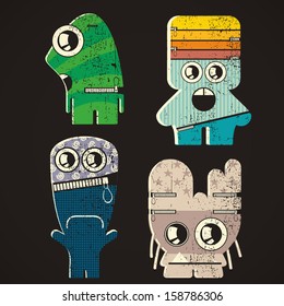 Set of four monsters at retro grunge background