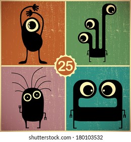 Set of four monsters at retro grunge background