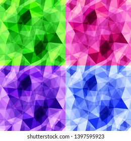 Set of four mosaic seamless patterns in low poly style; Vector endless polygonal background; Abstract geometric ornament; Green, pink, purple and blue triangular texture