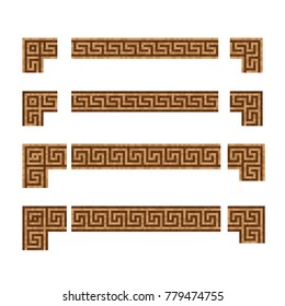 A set of four mosaic tile seamless classic ornament meander Greek borders with eight corner elements. Vector 10 EPS illustration.