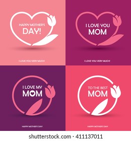 Set of four Mothers Day greeting card, banner or poster designs, round and heart shaped frames with abstract tulip flower in pink colors
