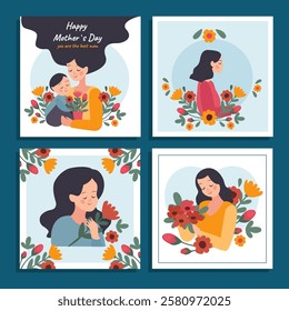 A set of four Mother's Day themed illustrations featuring mothers with flowers. Each image shows a mother holding or surrounded by colorful flowers, conveying love and appreciation.