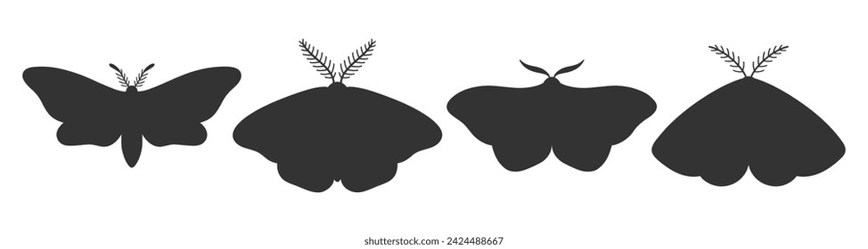 Set of four moths silhouettes. Simple black shapes of insects. Icons, tattoos, vector illustration