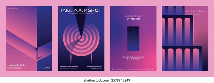 Set of four motivational posters with abstract designs. Keywords leadership, innovation, unity. Vibrant colors, geometric shapes, inspirational themes. Futuristic business marketing posters.