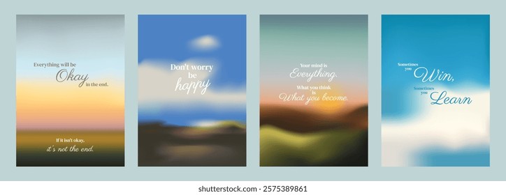 Set of four motivational posters with inspirational quotes. Each poster features a blurred landscape background and uplifting messages in elegant fonts. Motivational quote poster template vectors.