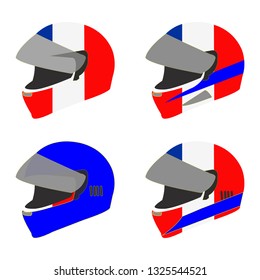 Set of four motorcycle helmets in red, white and blue